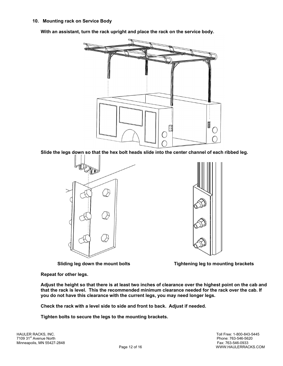 Hauler Racks SERVICE BODY ‘A’ MOUNT RACKS User Manual | Page 12 / 16