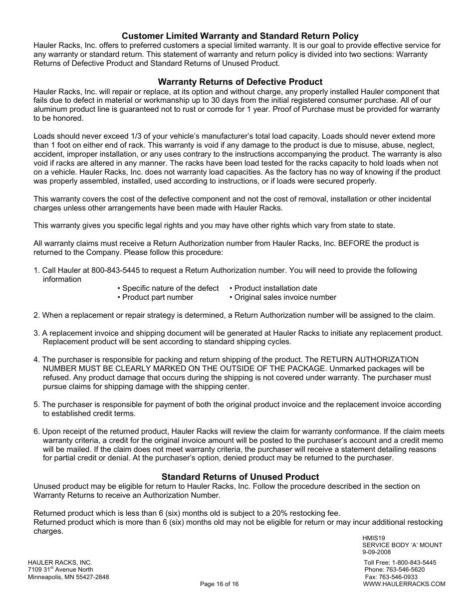 Hauler Racks SERVICE BODY ‘A’ MOUNT RACKS User Manual | Page 16 / 16