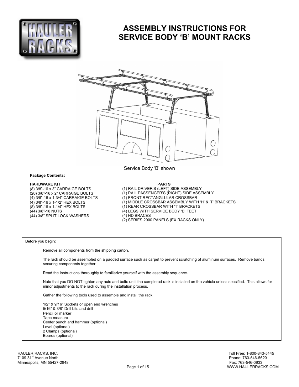 Hauler Racks SERVICE BODY ‘B’ MOUNT RACKS User Manual | 15 pages