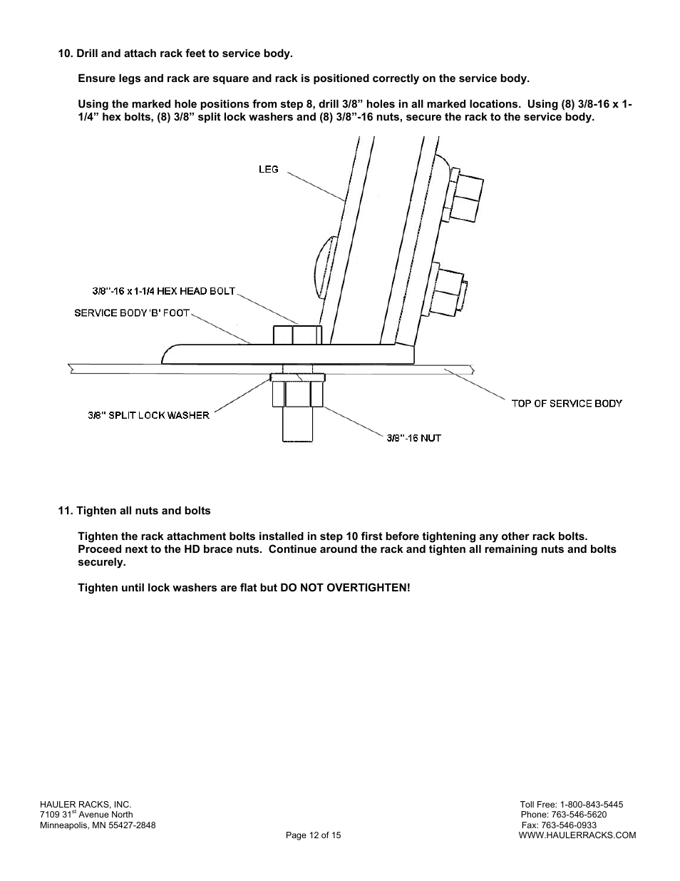 Hauler Racks SERVICE BODY ‘B’ MOUNT RACKS User Manual | Page 12 / 15