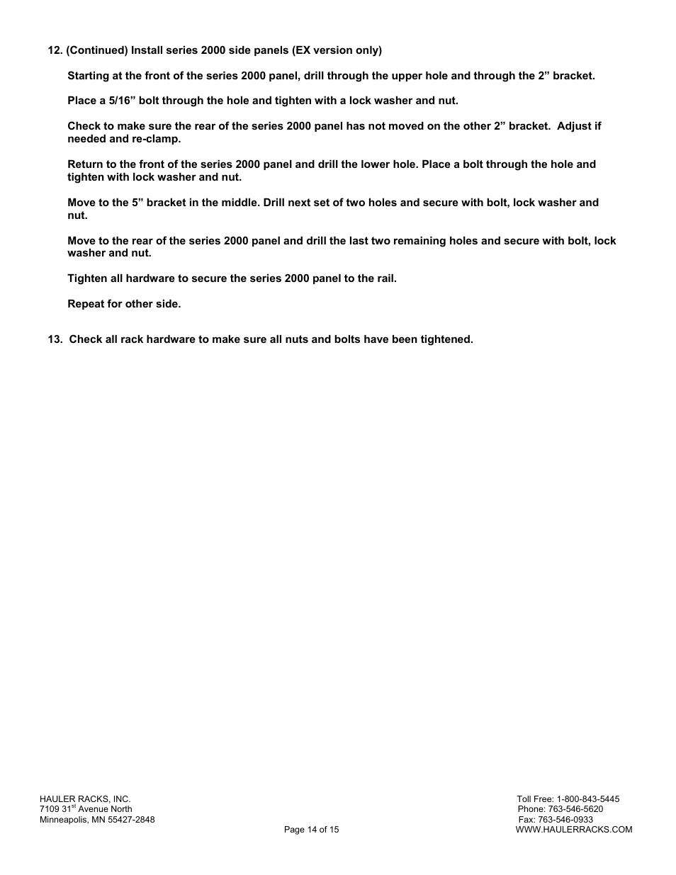 Hauler Racks SERVICE BODY ‘B’ MOUNT RACKS User Manual | Page 14 / 15