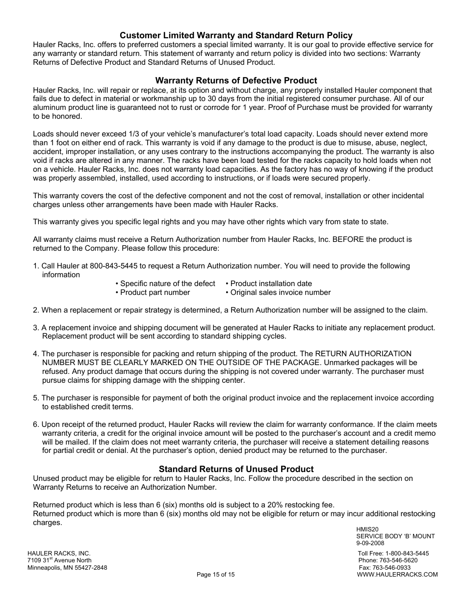 Hauler Racks SERVICE BODY ‘B’ MOUNT RACKS User Manual | Page 15 / 15