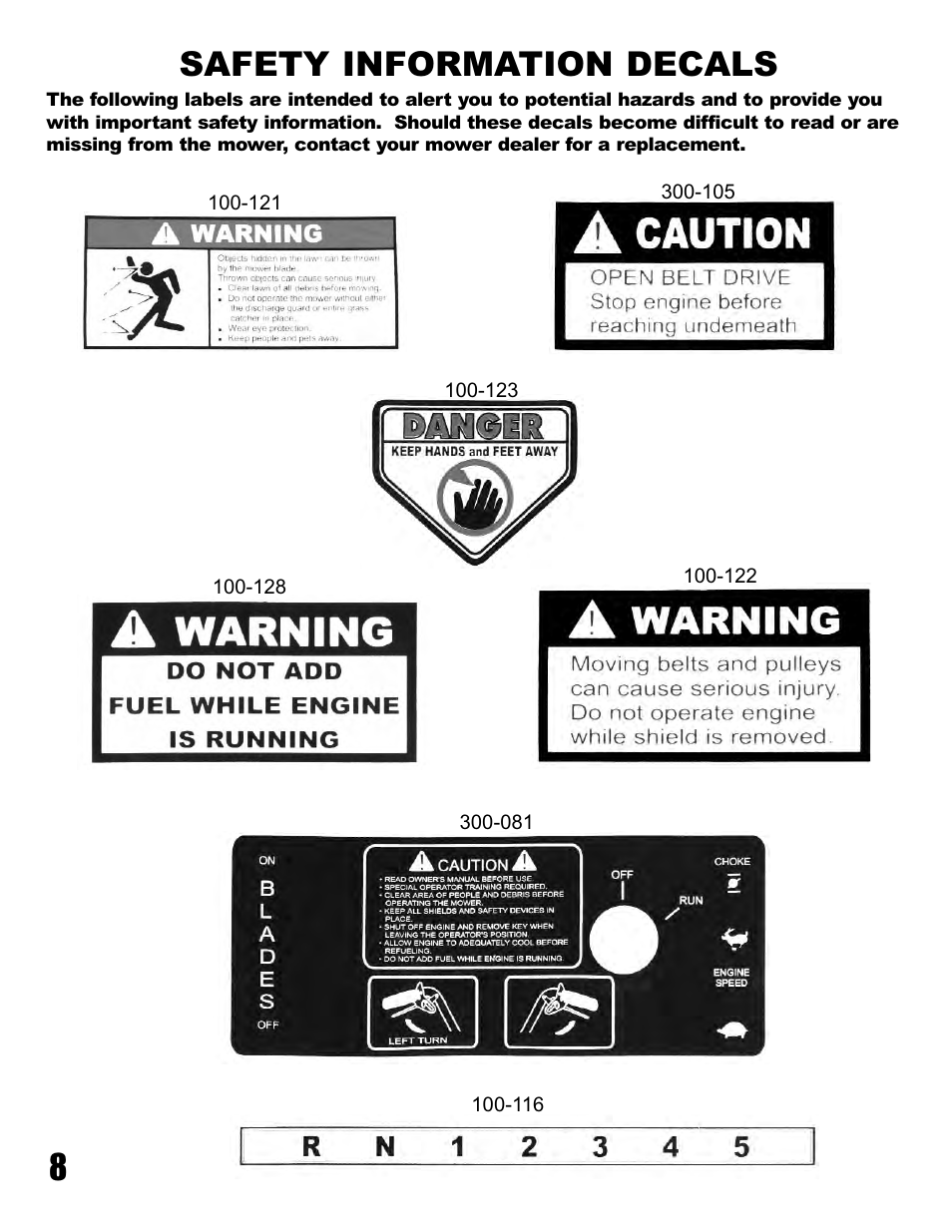 8safety information decals | Havener Belt-Drive Mowers 32, 36, 48 & 52 User Manual | Page 8 / 46