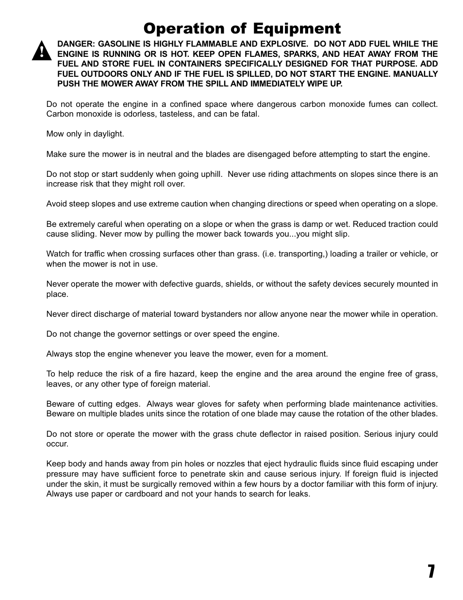 Operation of equipment | Havener Pistol-Grip Hydro Walk-Behind Mower 36, 48 & 52 User Manual | Page 7 / 46