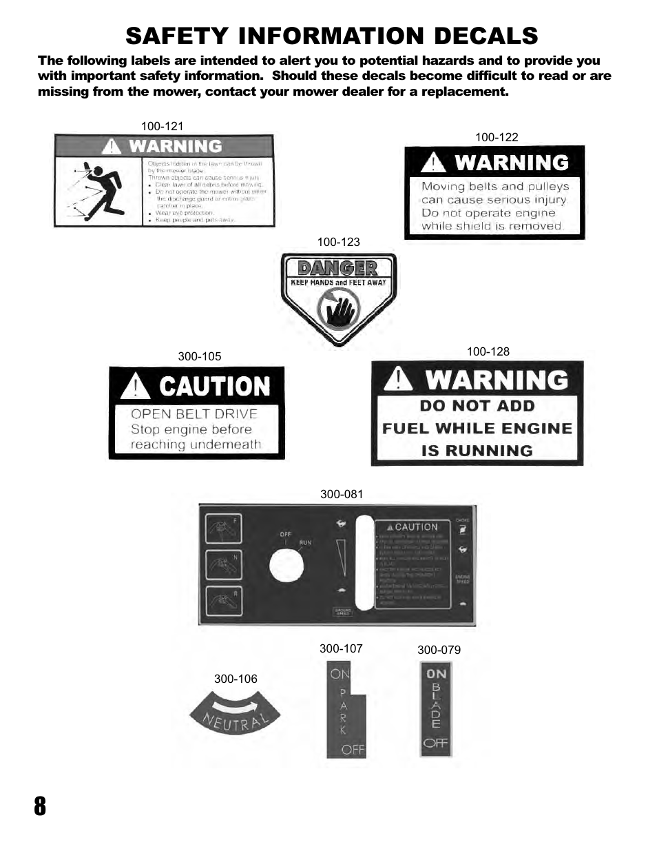 8safety information decals | Havener Pistol-Grip Hydro Walk-Behind Mower 36, 48 & 52 User Manual | Page 8 / 46