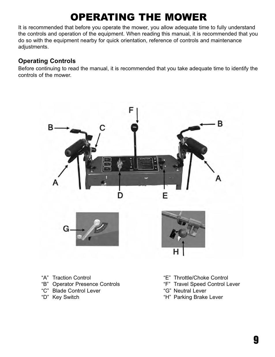 9operating the mower | Havener Pistol-Grip Hydro Walk-Behind Mower 36, 48 & 52 User Manual | Page 9 / 46