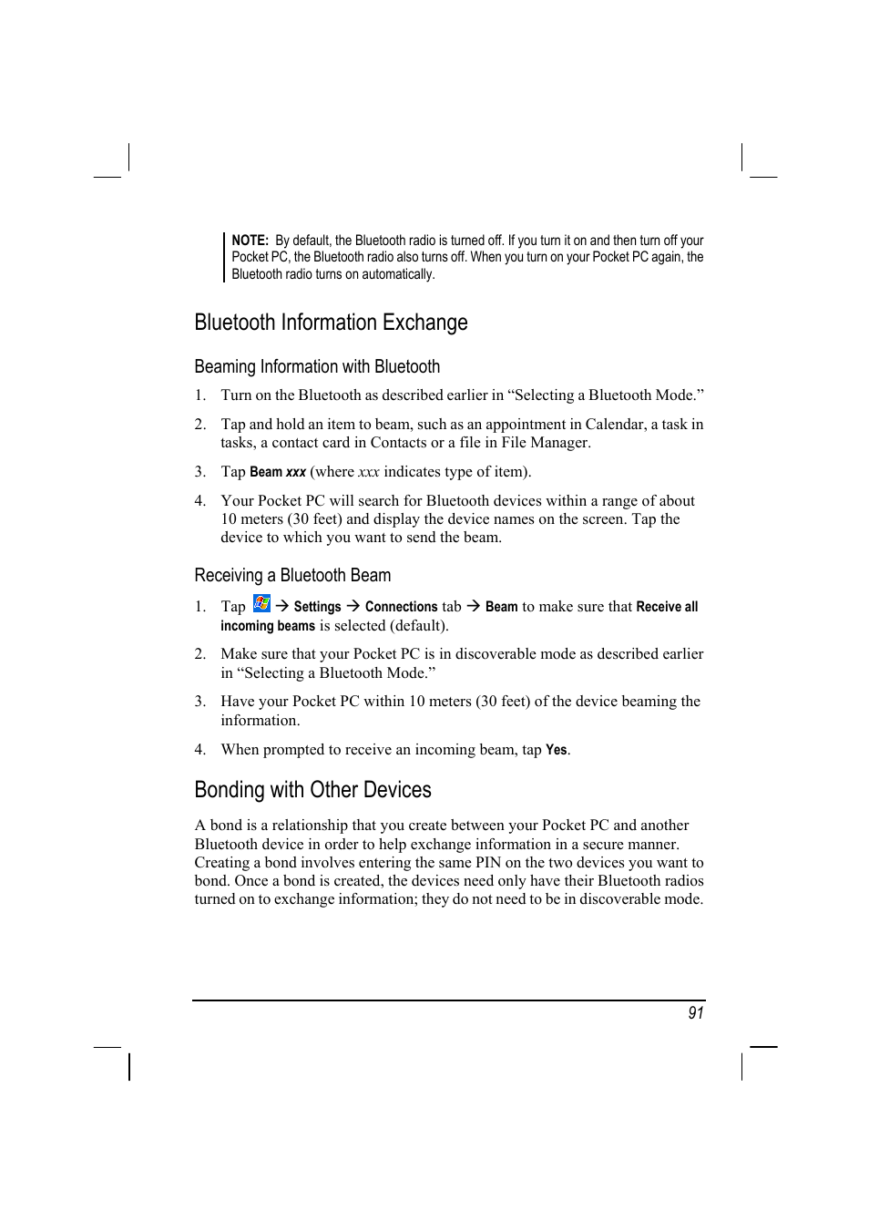 Bluetooth information exchange, Bonding with other devices | RoverComputers RoverPC P7 PDA User Manual | Page 101 / 129