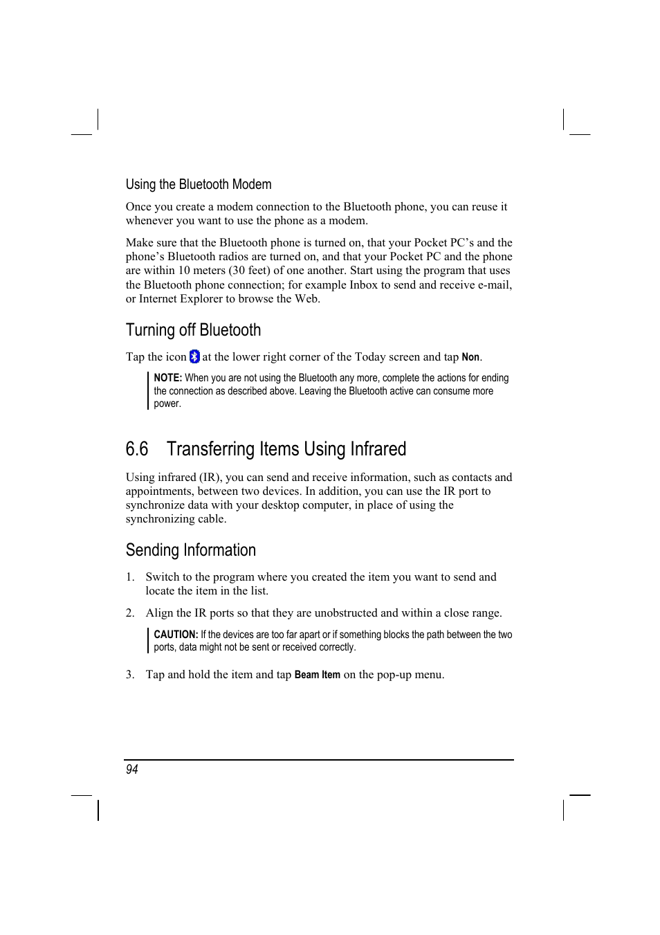 6 transferring items using infrared, Turning off bluetooth, Sending information | RoverComputers RoverPC P7 PDA User Manual | Page 104 / 129