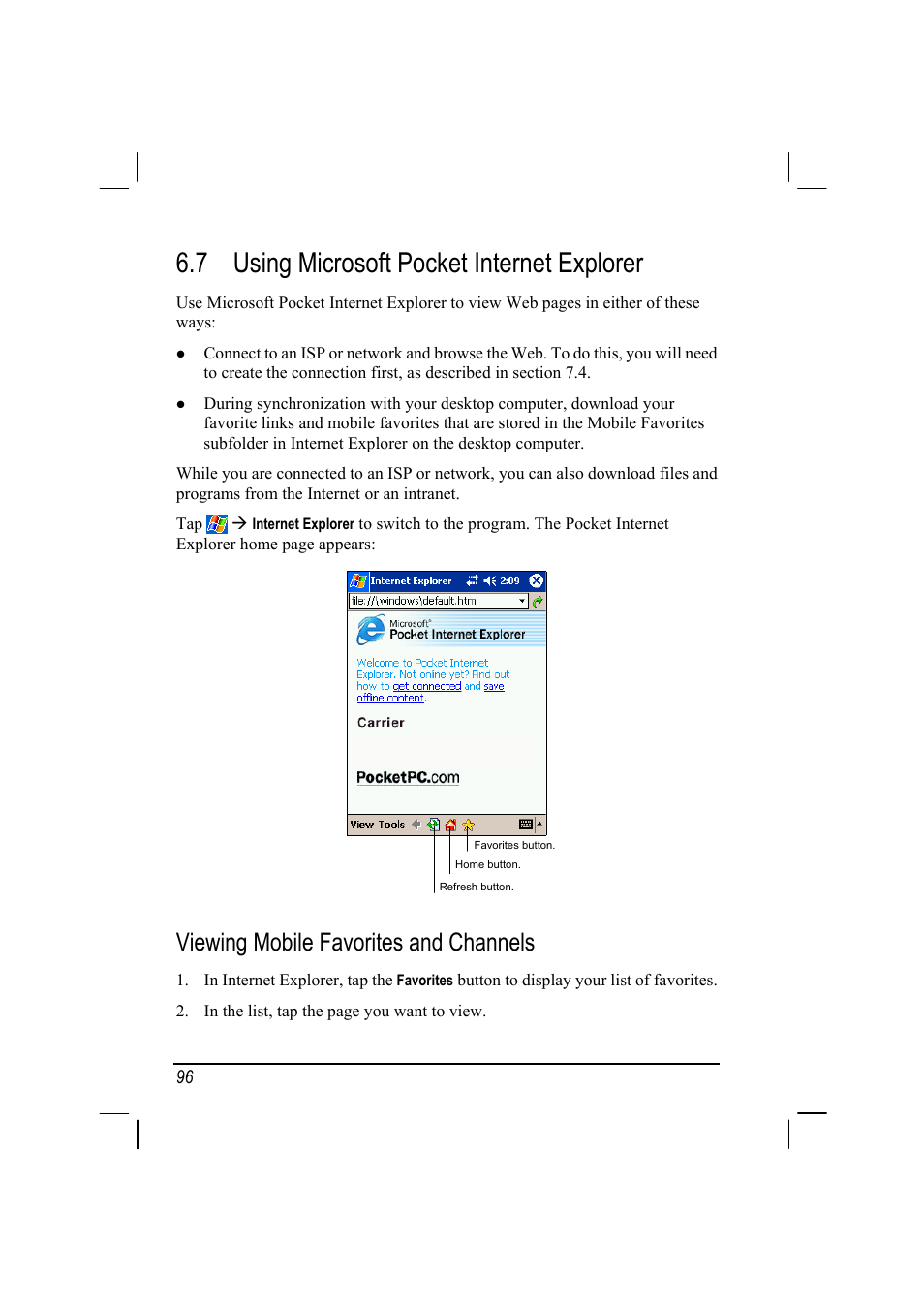 7 using microsoft pocket internet explorer, Viewing mobile favorites and channels | RoverComputers RoverPC P7 PDA User Manual | Page 106 / 129