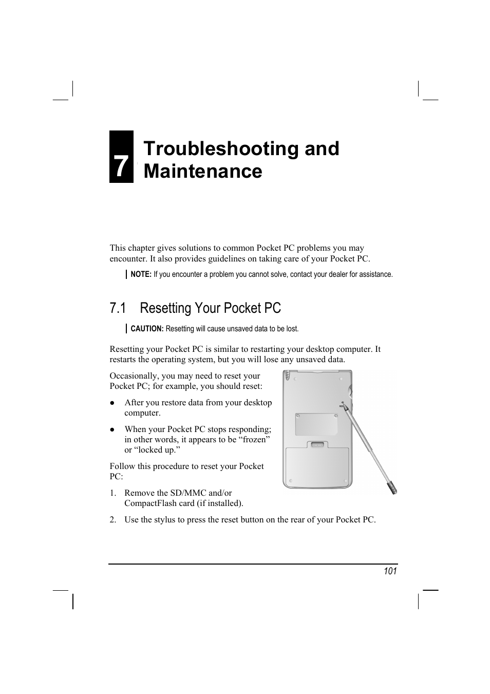 Troubleshooting and maintenance, 1 resetting your pocket pc | RoverComputers RoverPC P7 PDA User Manual | Page 111 / 129