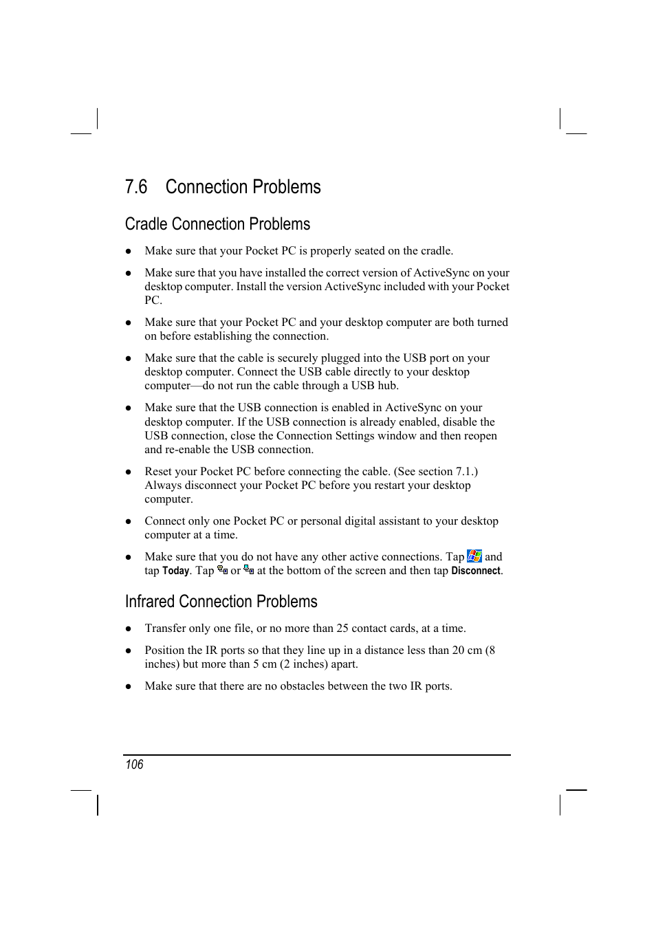 6 connection problems, Cradle connection problems, Infrared connection problems | RoverComputers RoverPC P7 PDA User Manual | Page 116 / 129
