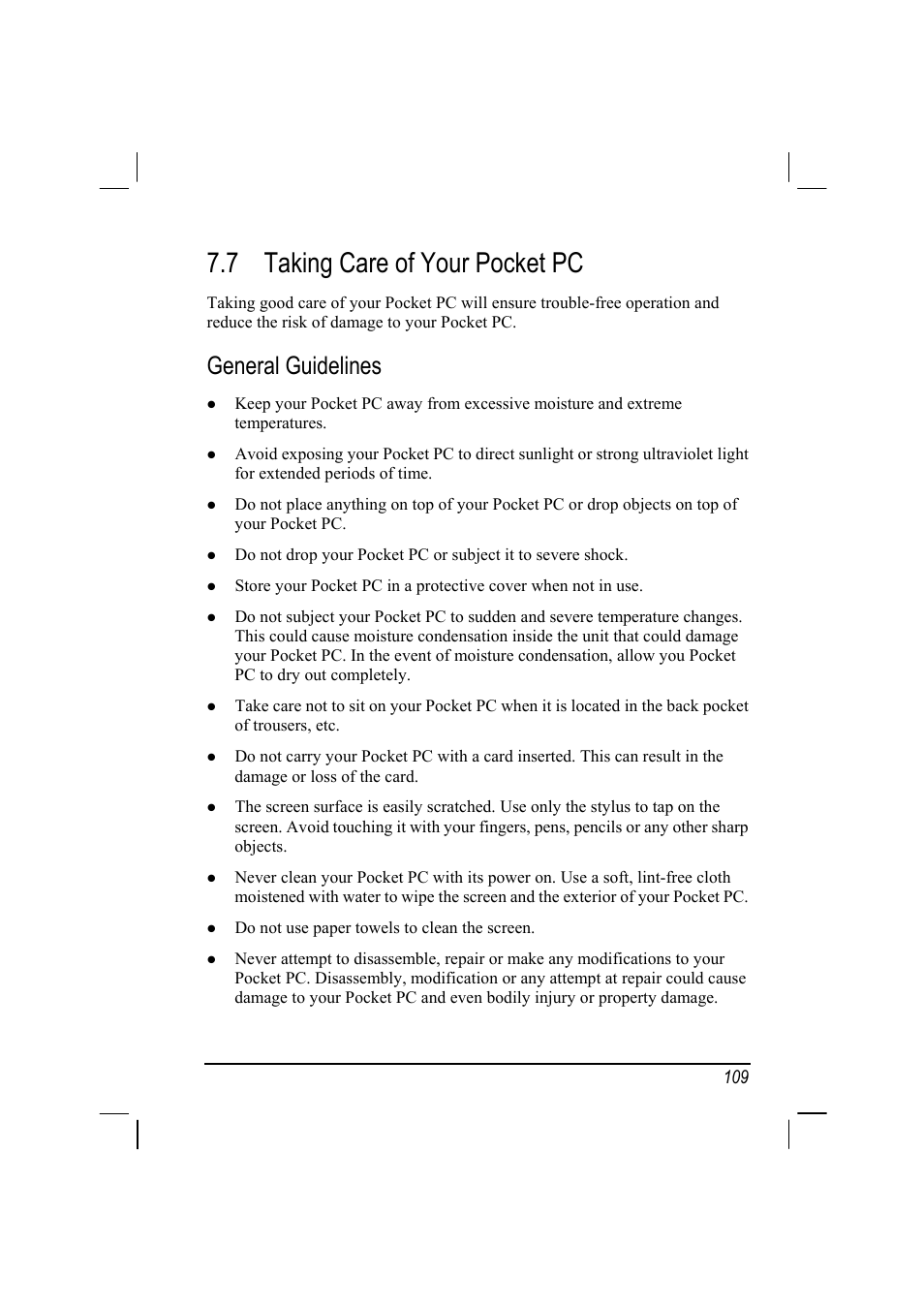 7 taking care of your pocket pc, General guidelines | RoverComputers RoverPC P7 PDA User Manual | Page 119 / 129