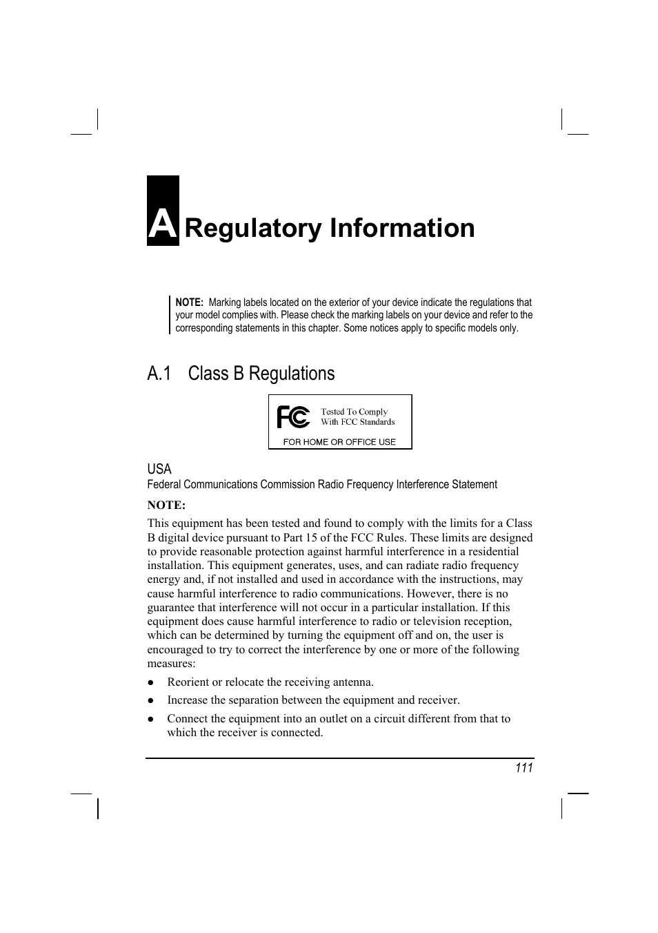 Regulatory information, A.1 class b regulations | RoverComputers RoverPC P7 PDA User Manual | Page 121 / 129