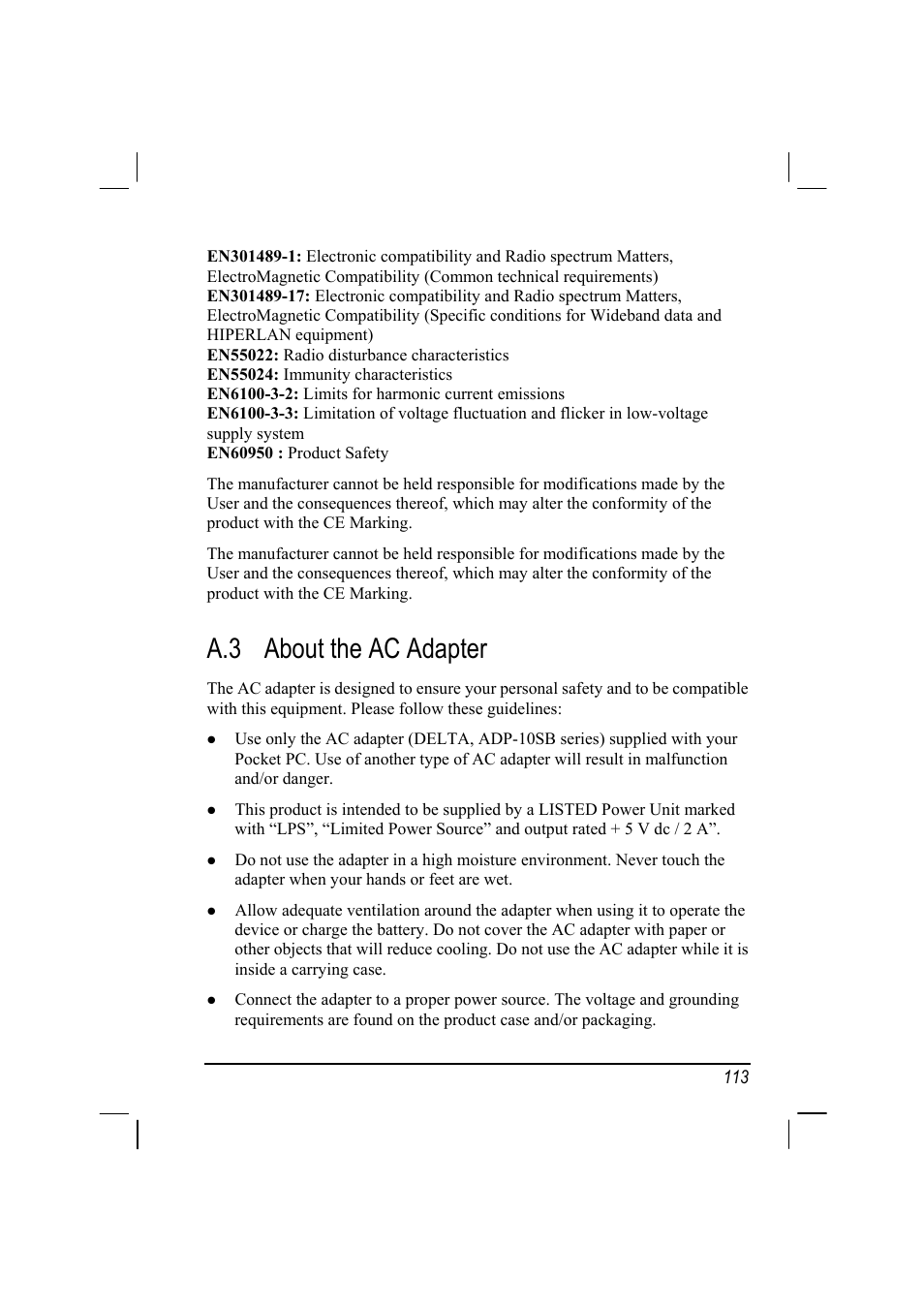 A.3 about the ac adapter | RoverComputers RoverPC P7 PDA User Manual | Page 123 / 129
