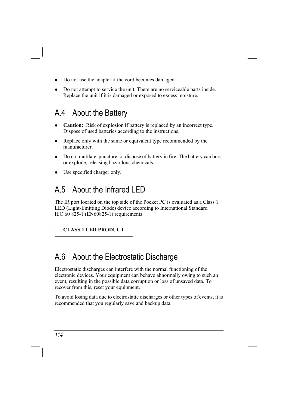 A.4 about the battery, A.5 about the infrared led, A.6 about the electrostatic discharge | RoverComputers RoverPC P7 PDA User Manual | Page 124 / 129