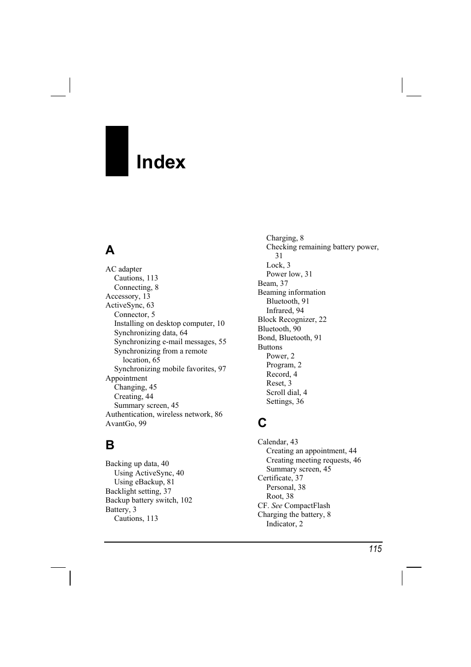 Index | RoverComputers RoverPC P7 PDA User Manual | Page 125 / 129