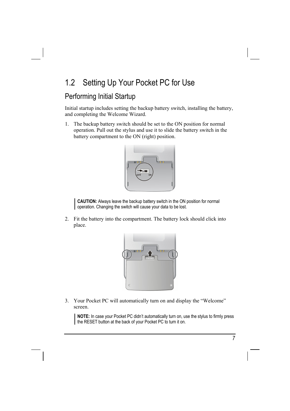 2 setting up your pocket pc for use, Performing initial startup | RoverComputers RoverPC P7 PDA User Manual | Page 17 / 129