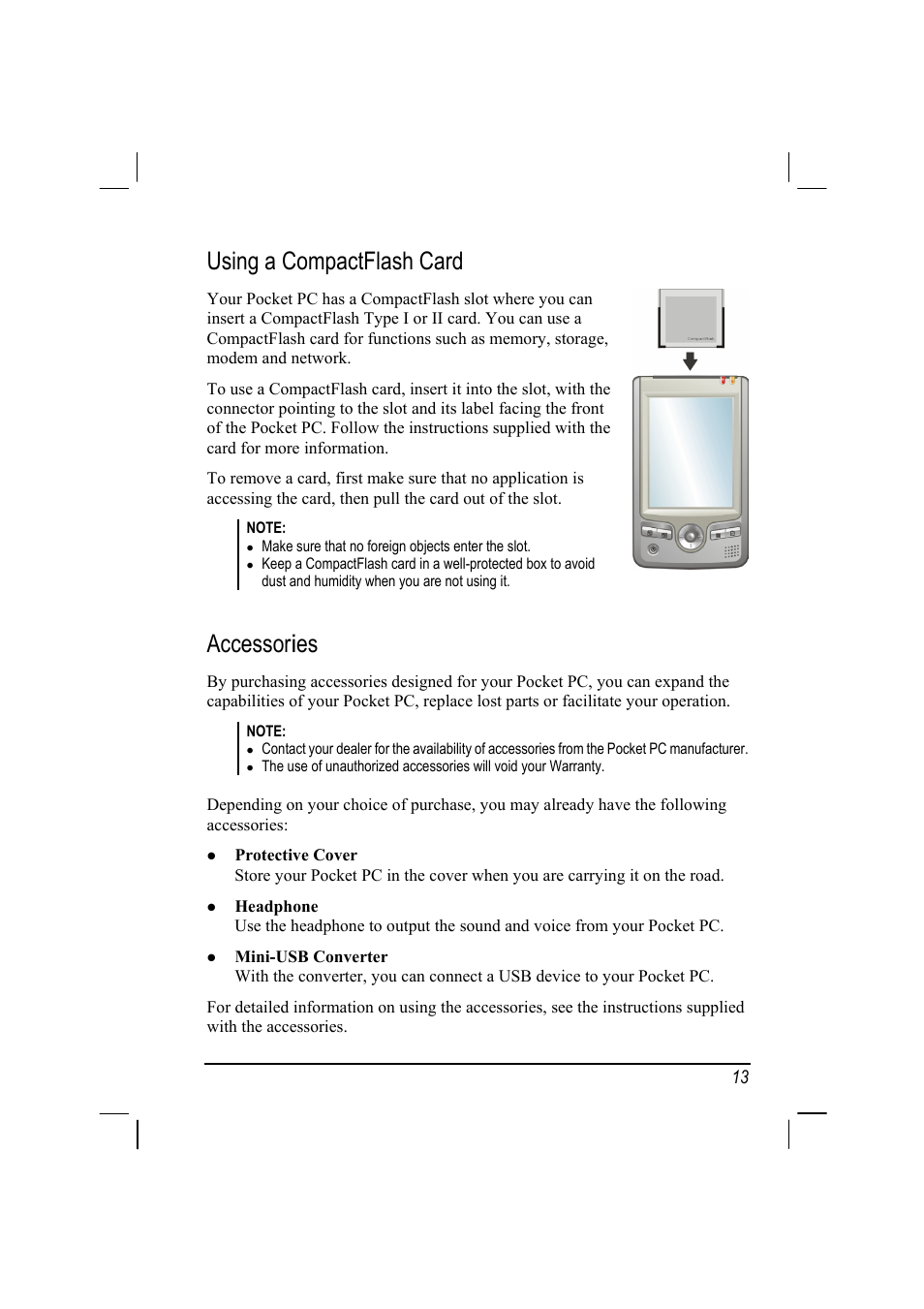 Using a compactflash card, Accessories | RoverComputers RoverPC P7 PDA User Manual | Page 23 / 129