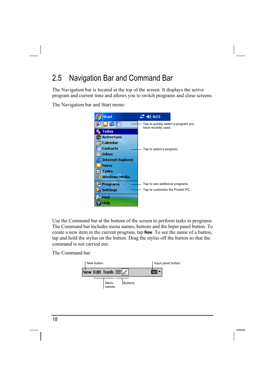 5 navigation bar and command bar | RoverComputers RoverPC P7 PDA User Manual | Page 28 / 129