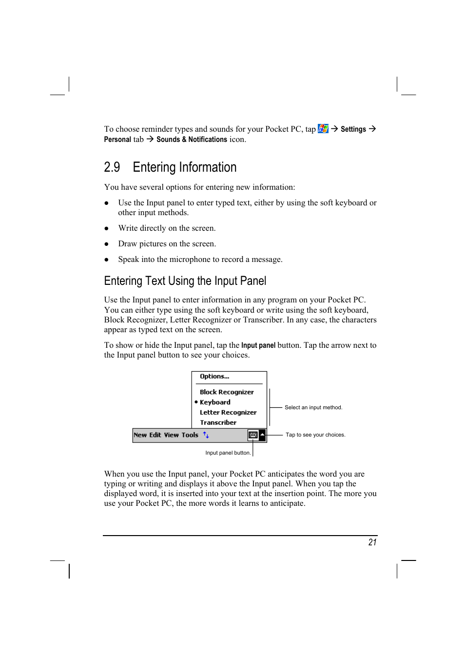 9 entering information, Entering text using the input panel | RoverComputers RoverPC P7 PDA User Manual | Page 31 / 129