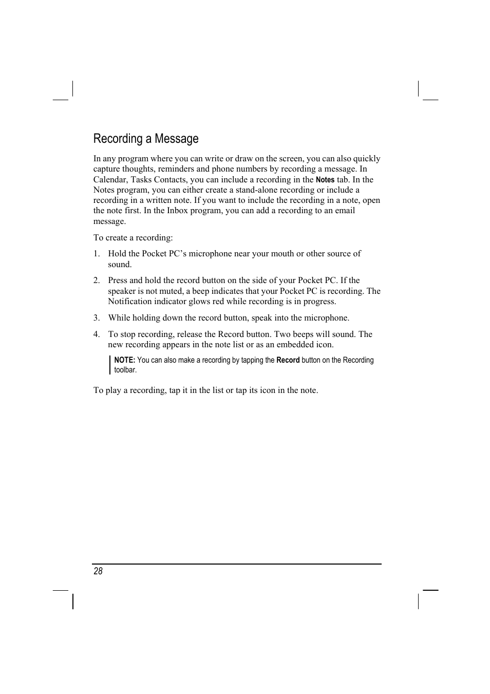 Recording a message | RoverComputers RoverPC P7 PDA User Manual | Page 38 / 129