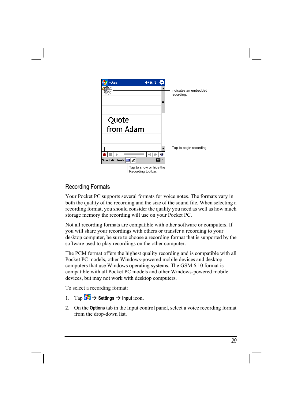 Recording formats | RoverComputers RoverPC P7 PDA User Manual | Page 39 / 129