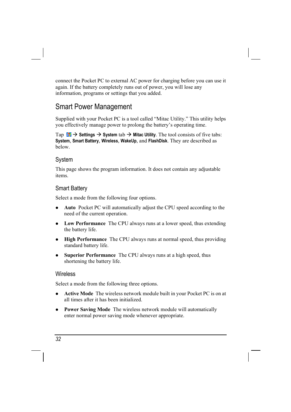 Smart power management, System, Smart battery | Wireless | RoverComputers RoverPC P7 PDA User Manual | Page 42 / 129