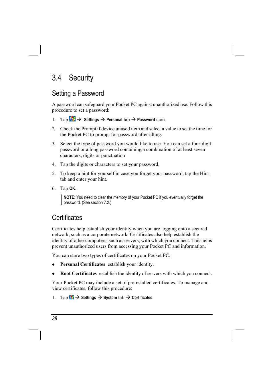 4 security, Setting a password, Certificates | RoverComputers RoverPC P7 PDA User Manual | Page 48 / 129