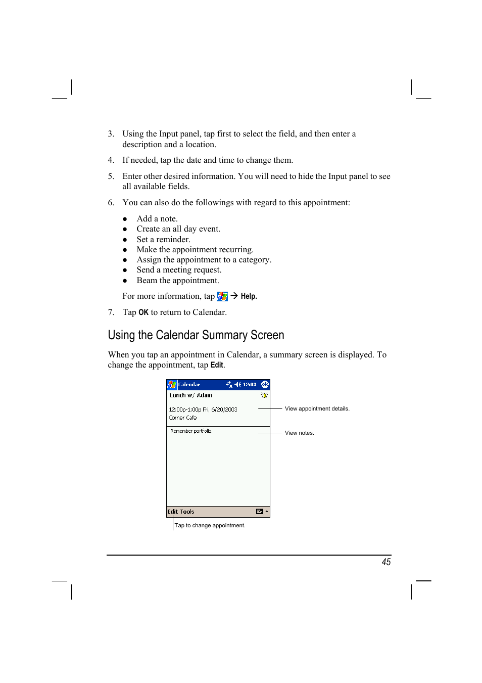 Using the calendar summary screen | RoverComputers RoverPC P7 PDA User Manual | Page 55 / 129
