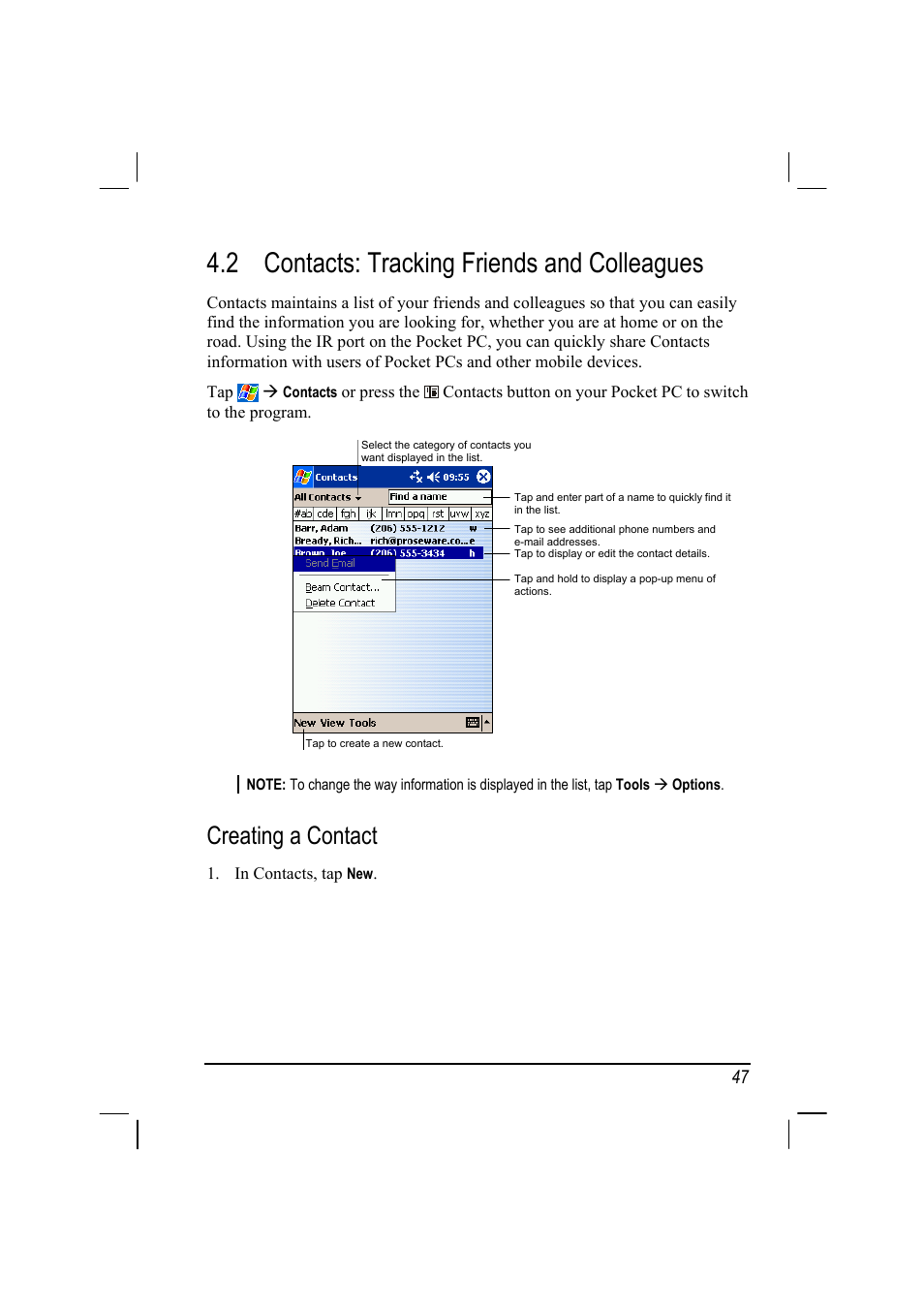 2 contacts: tracking friends and colleagues, Creating a contact | RoverComputers RoverPC P7 PDA User Manual | Page 57 / 129