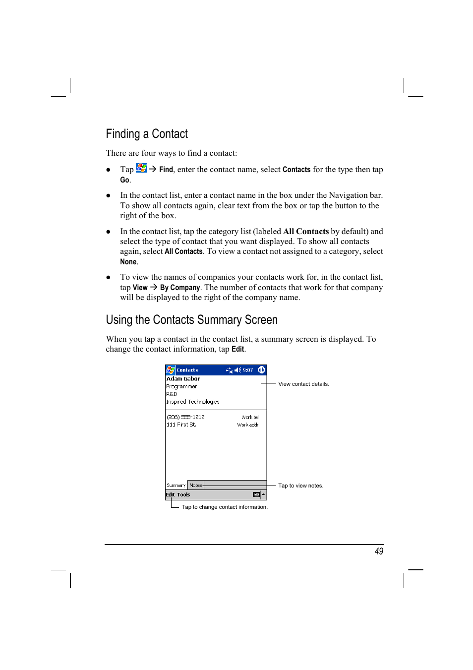 Finding a contact, Using the contacts summary screen | RoverComputers RoverPC P7 PDA User Manual | Page 59 / 129