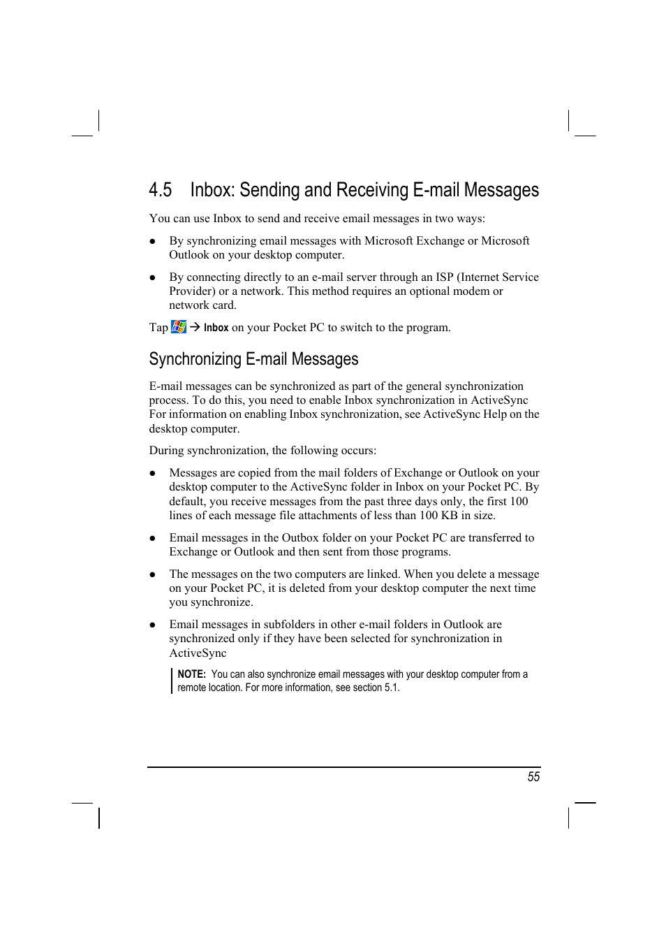 5 inbox: sending and receiving e-mail messages, Synchronizing e-mail messages | RoverComputers RoverPC P7 PDA User Manual | Page 65 / 129