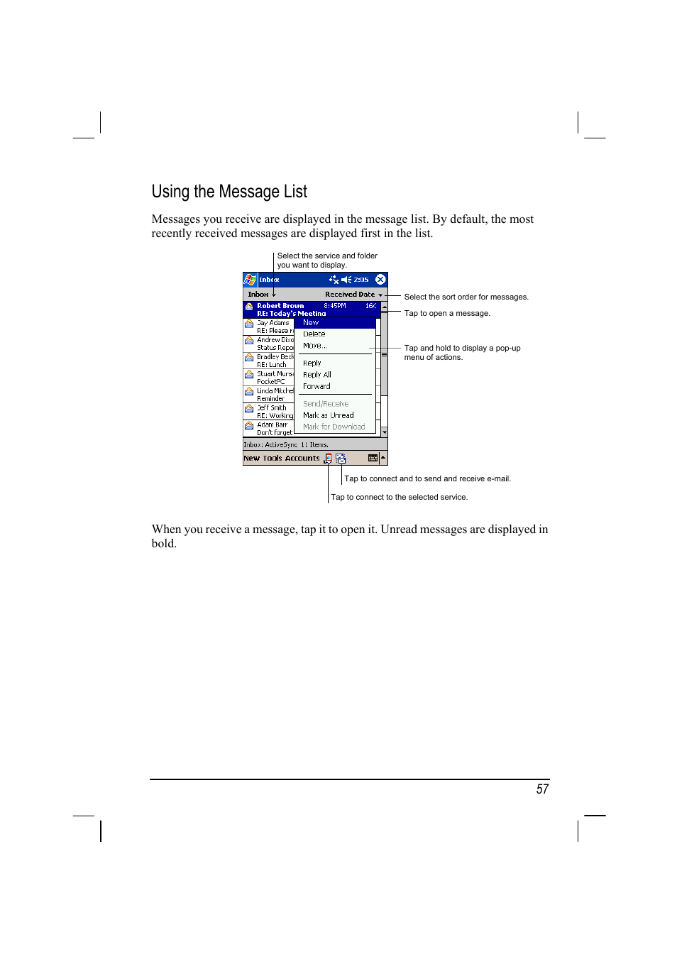 Using the message list | RoverComputers RoverPC P7 PDA User Manual | Page 67 / 129