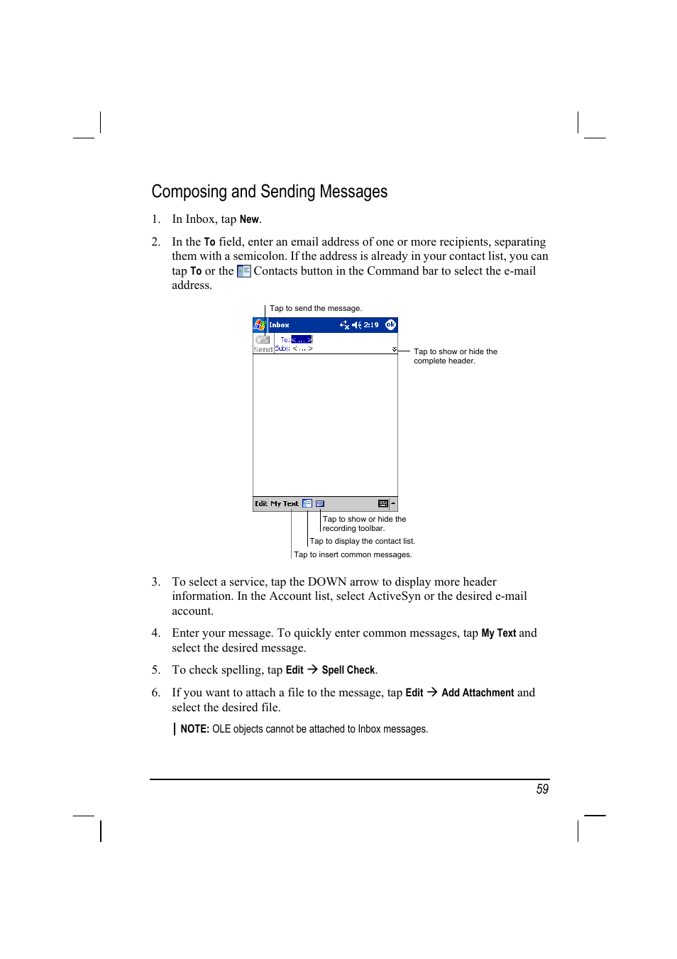 Composing and sending messages | RoverComputers RoverPC P7 PDA User Manual | Page 69 / 129