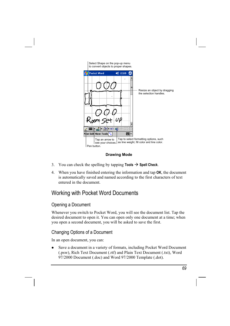 Working with pocket word documents, Opening a document, Changing options of a document | RoverComputers RoverPC P7 PDA User Manual | Page 79 / 129