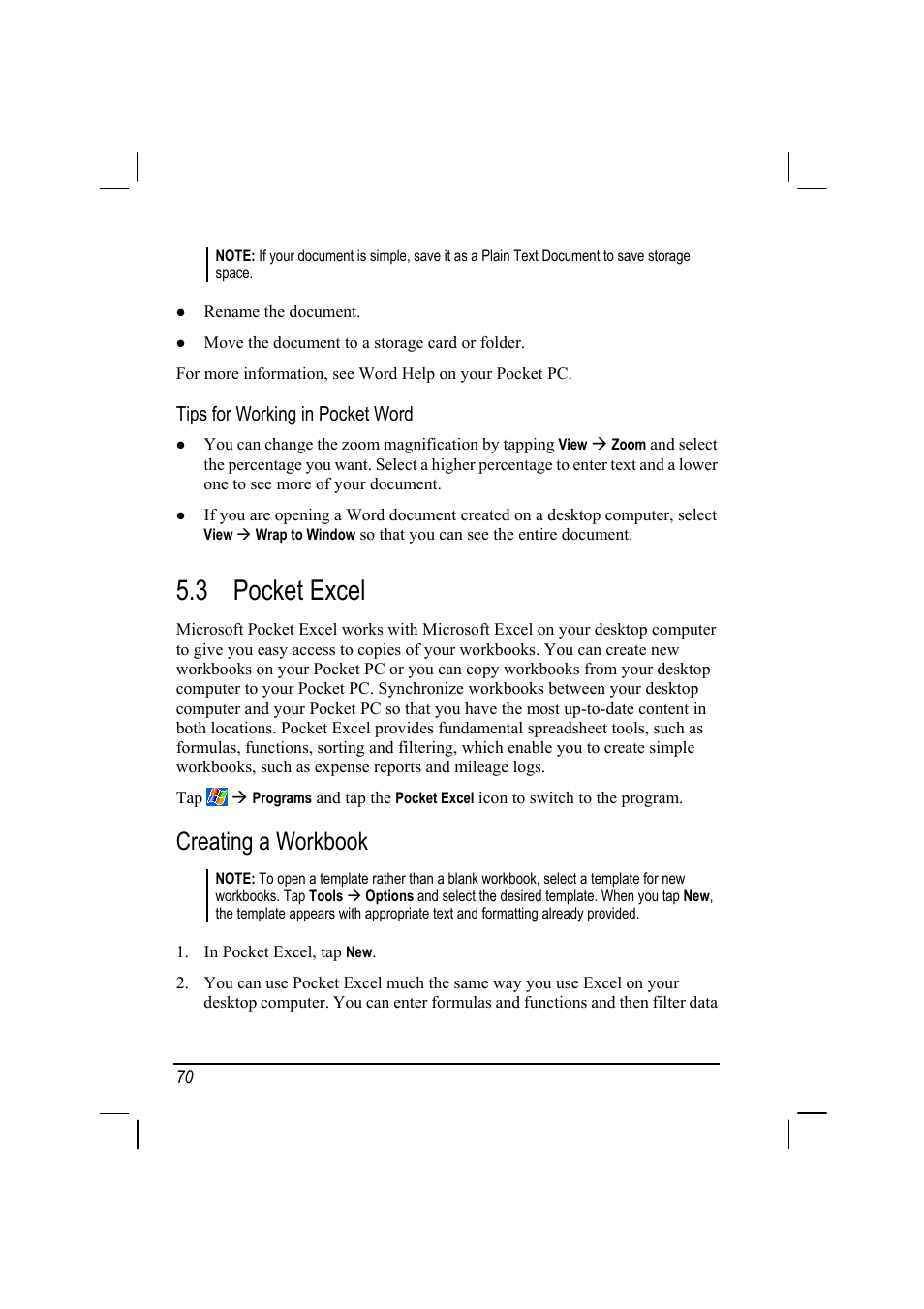 3 pocket excel, Creating a workbook | RoverComputers RoverPC P7 PDA User Manual | Page 80 / 129