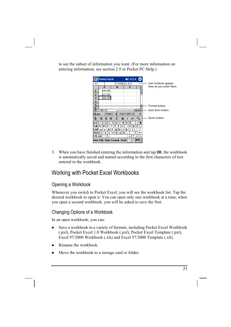 Working with pocket excel workbooks, Opening a workbook, Changing options of a workbook | RoverComputers RoverPC P7 PDA User Manual | Page 81 / 129