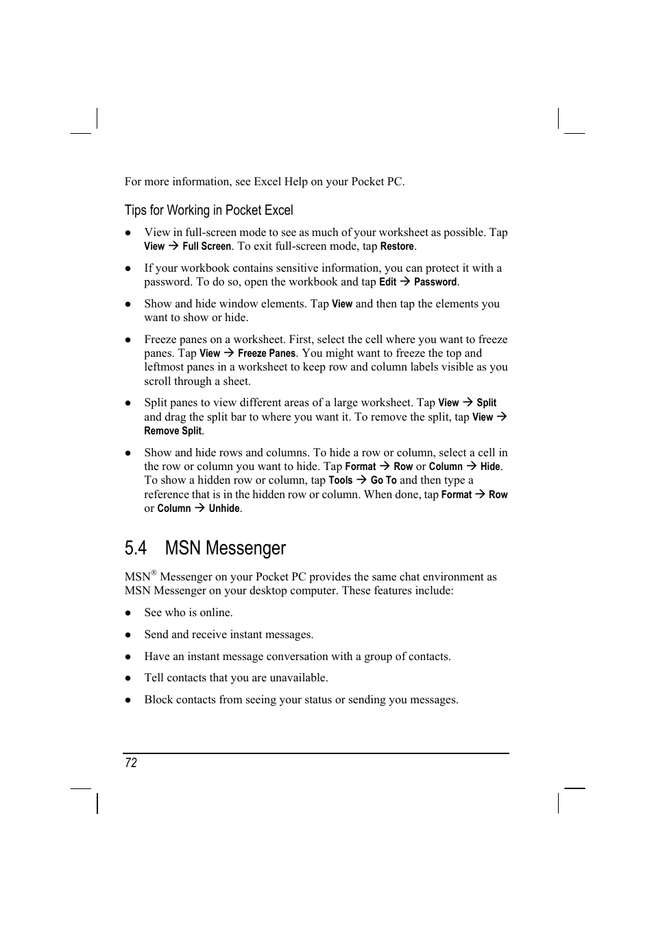 4 msn messenger, Tips for working in pocket excel | RoverComputers RoverPC P7 PDA User Manual | Page 82 / 129