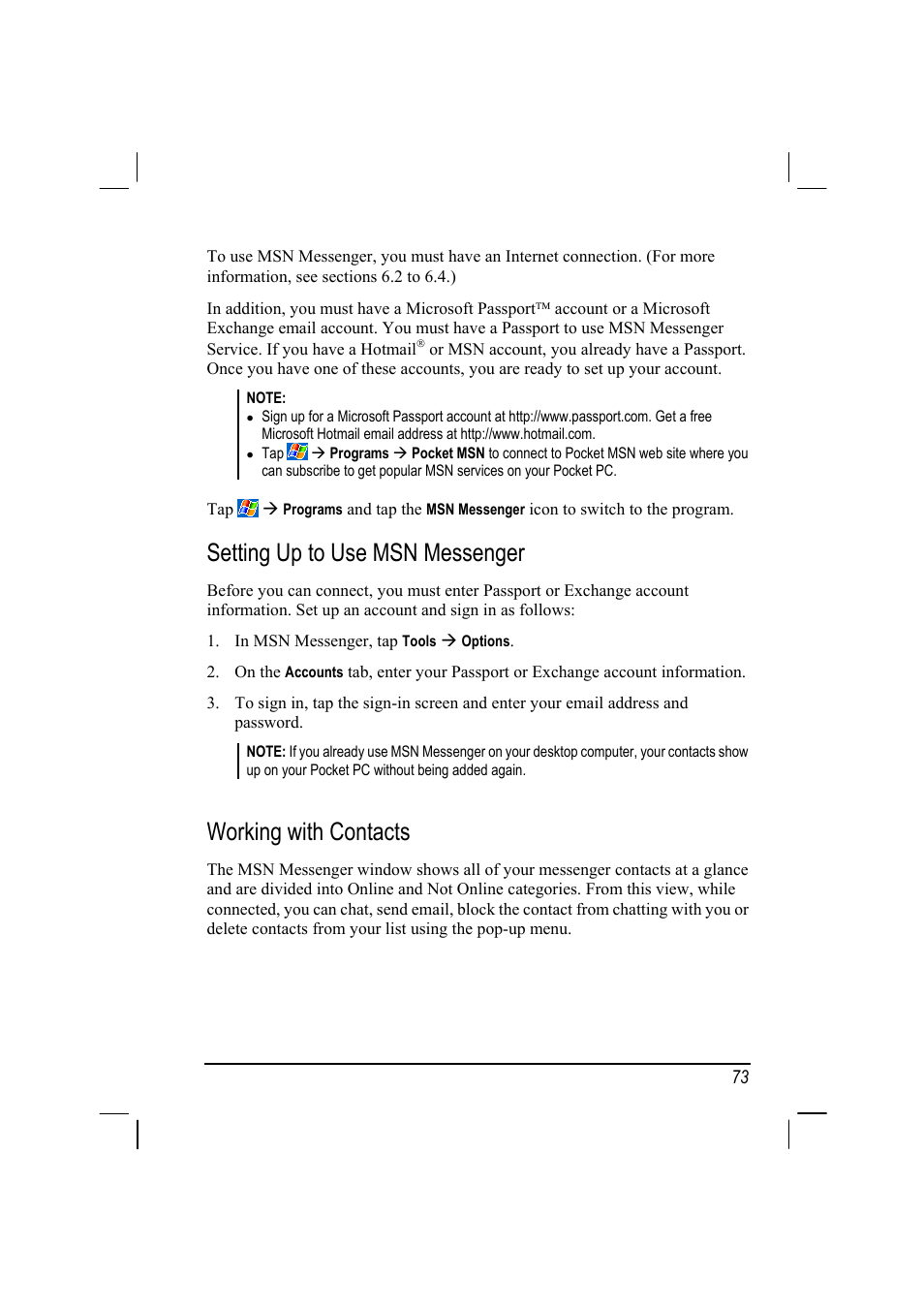 Setting up to use msn messenger, Working with contacts | RoverComputers RoverPC P7 PDA User Manual | Page 83 / 129