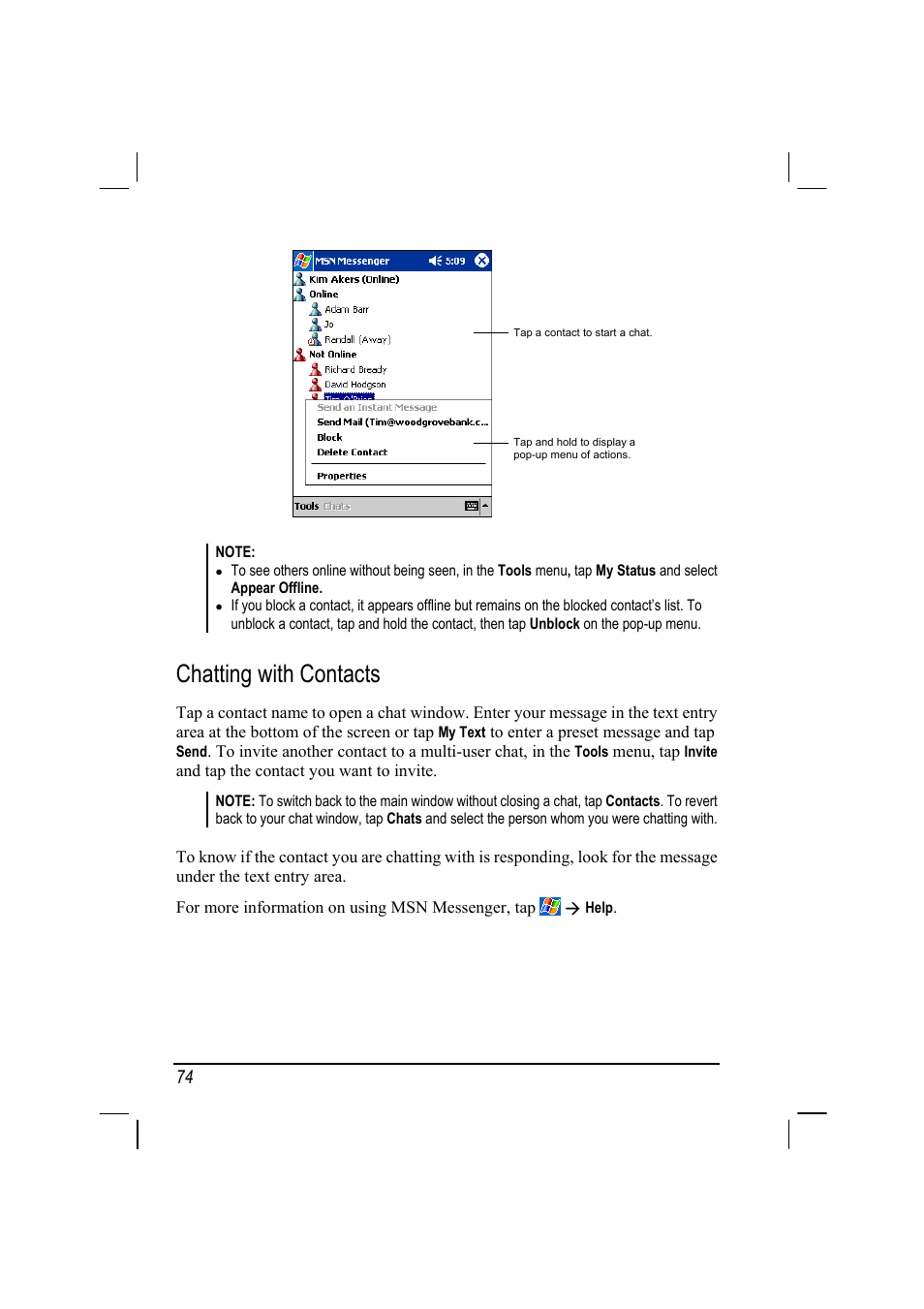 Chatting with contacts | RoverComputers RoverPC P7 PDA User Manual | Page 84 / 129