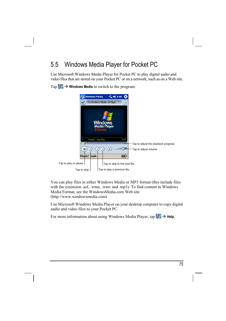 5 windows media player for pocket pc | RoverComputers RoverPC P7 PDA User Manual | Page 85 / 129