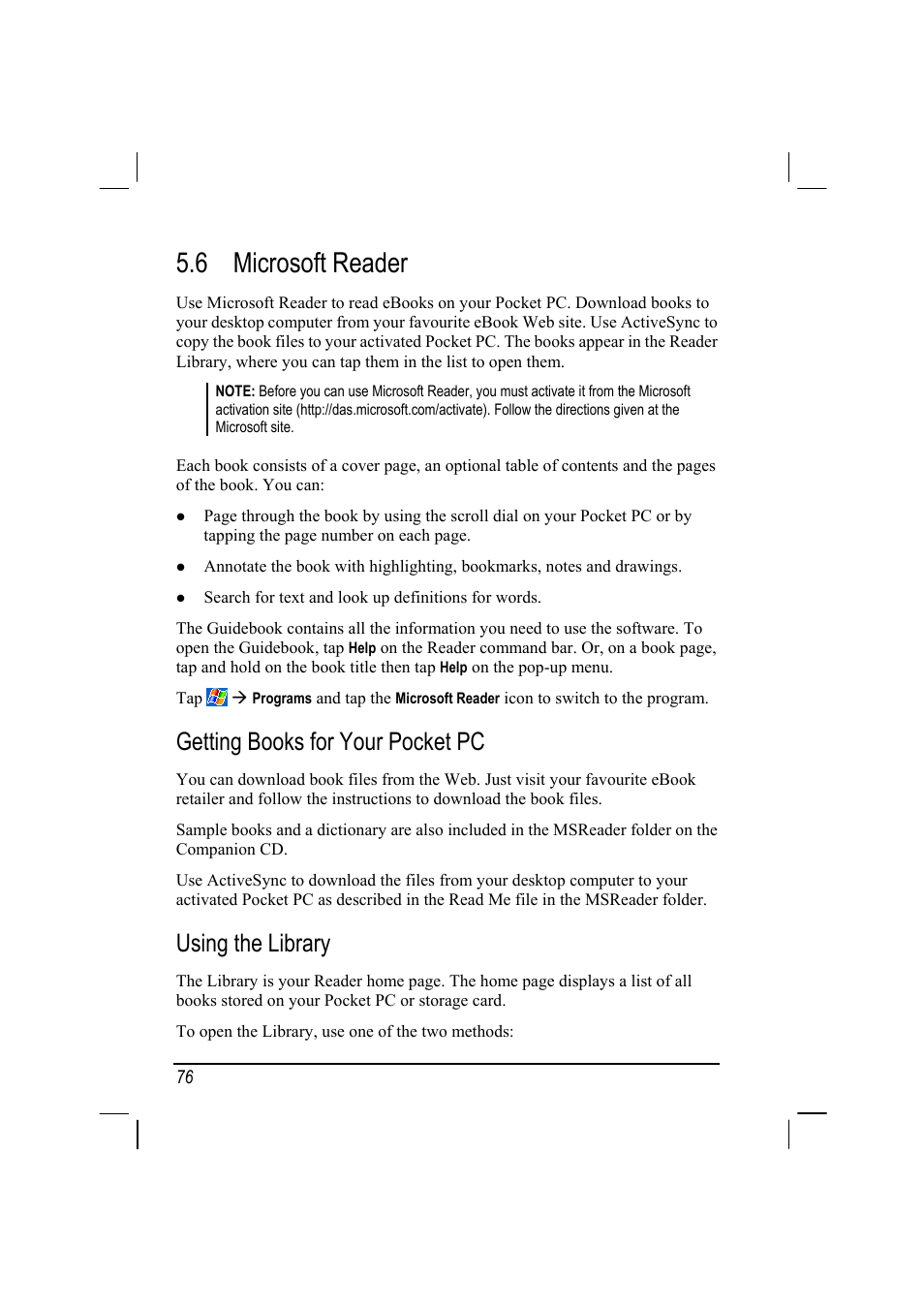 6 microsoft reader, Getting books for your pocket pc, Using the library | RoverComputers RoverPC P7 PDA User Manual | Page 86 / 129