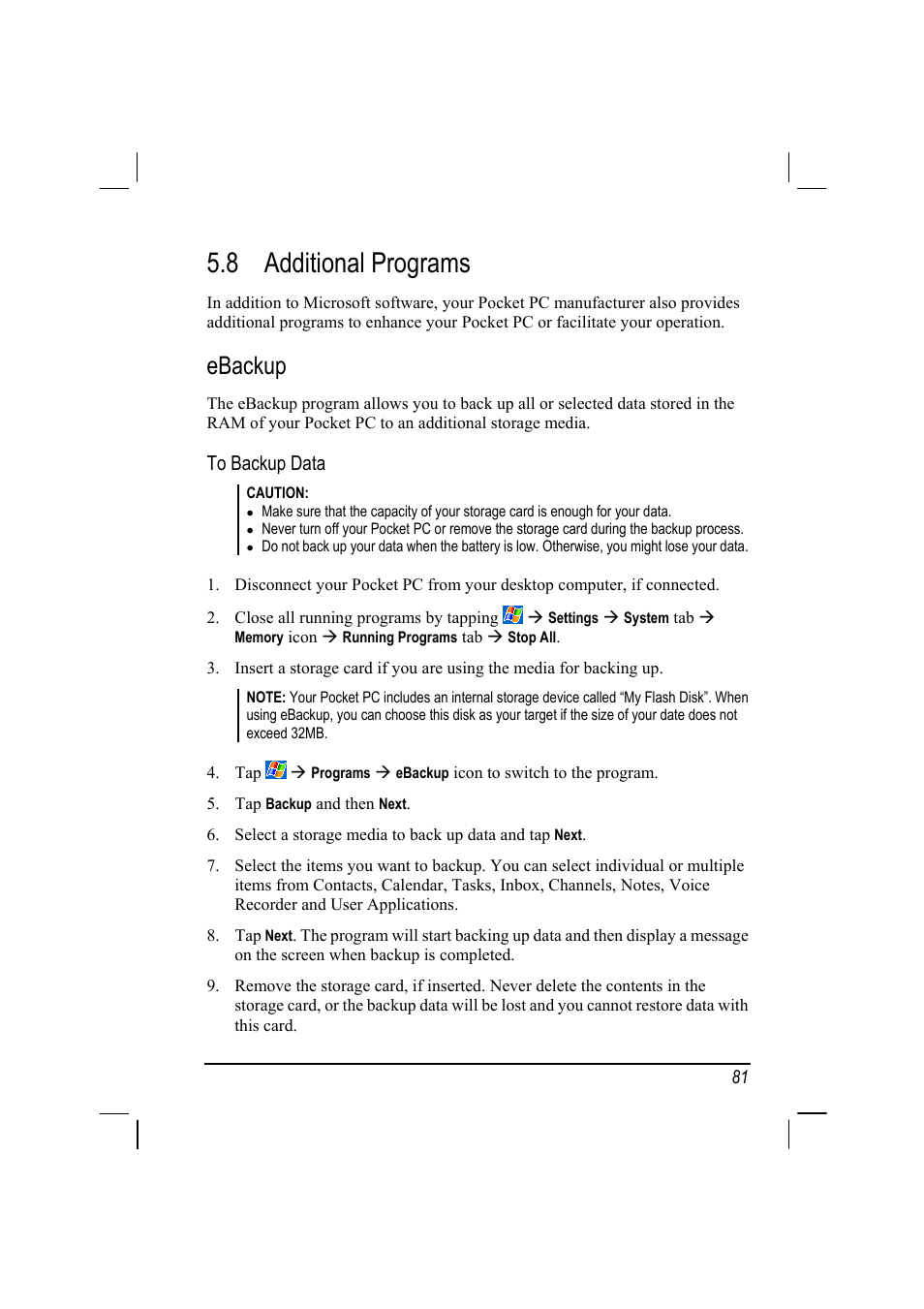 8 additional programs, Ebackup | RoverComputers RoverPC P7 PDA User Manual | Page 91 / 129