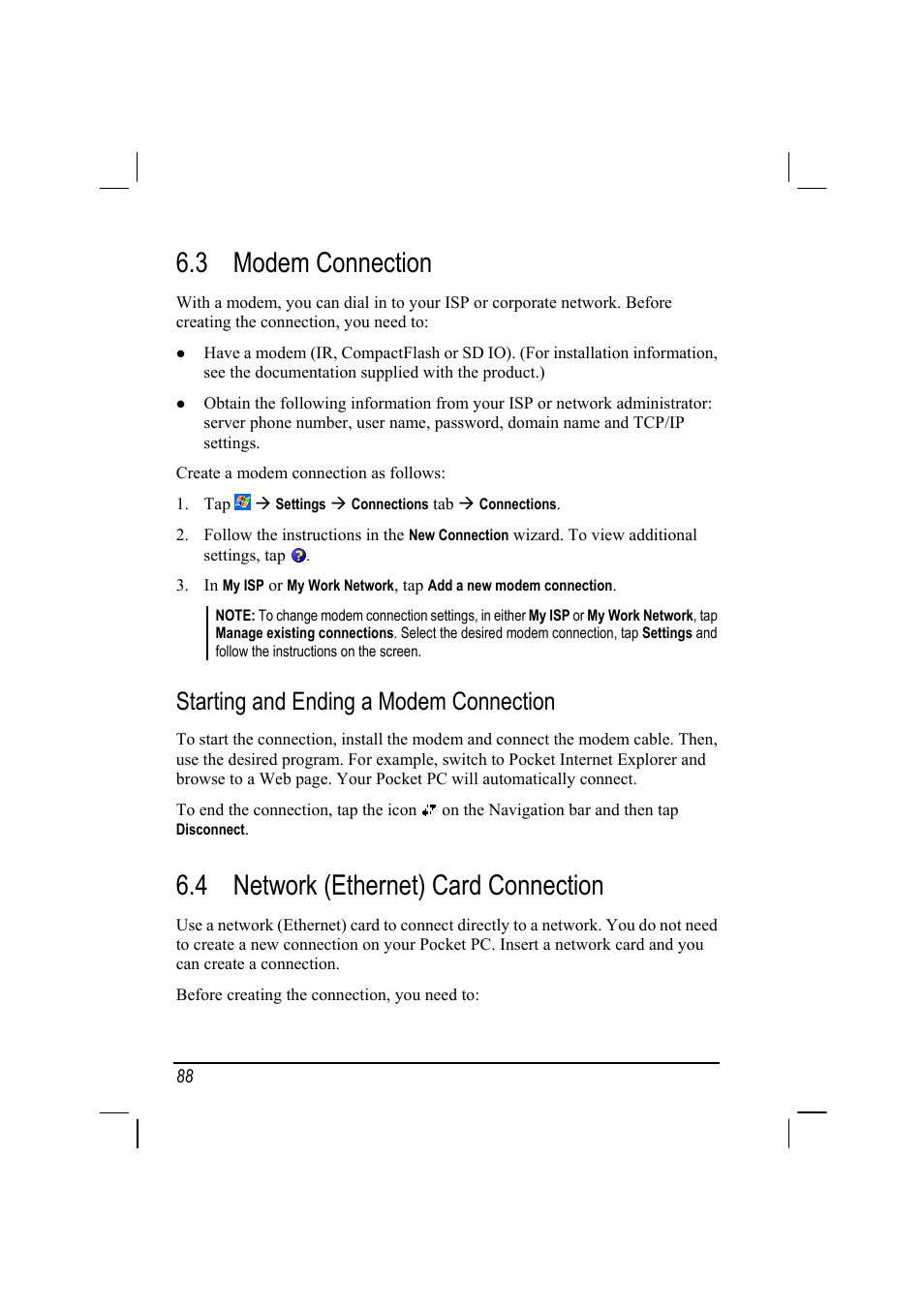 3 modem connection, 4 network (ethernet) card connection, Starting and ending a modem connection | RoverComputers RoverPC P7 PDA User Manual | Page 98 / 129