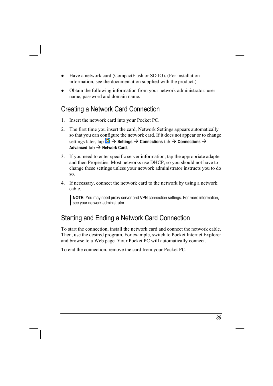 Creating a network card connection, Starting and ending a network card connection | RoverComputers RoverPC P7 PDA User Manual | Page 99 / 129