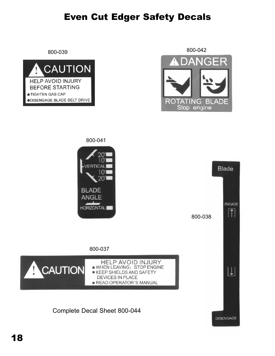 18 even cut edger safety decals | Havener E-40 Edger User Manual | Page 18 / 23