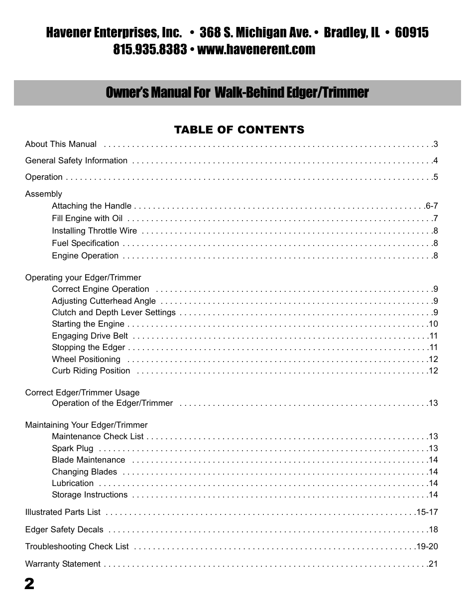 Owner’s manual for walk-behind edger/trimmer | Havener E-40 Edger User Manual | Page 2 / 23