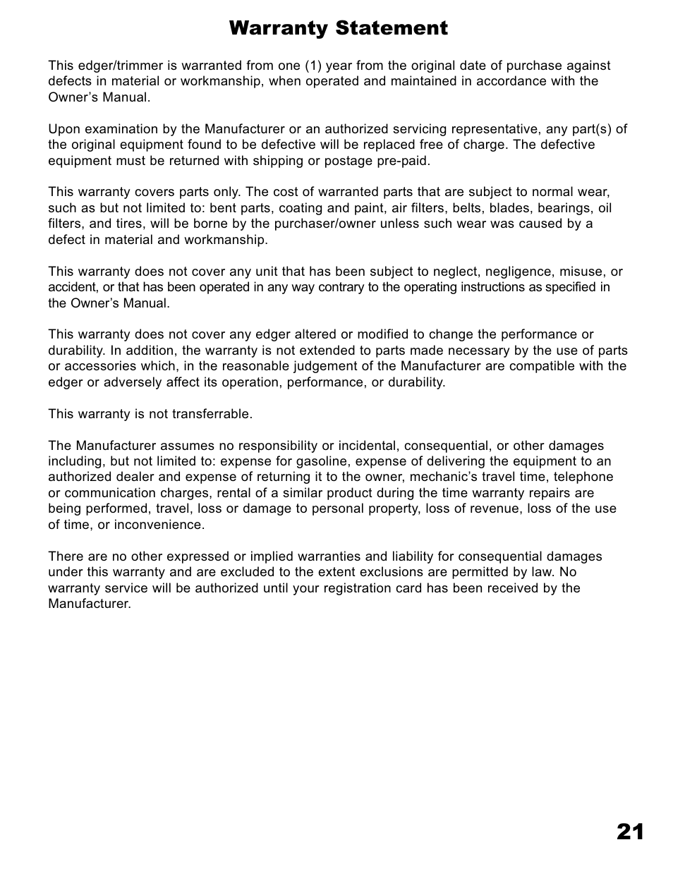 Warranty statement | Havener E-40 Edger User Manual | Page 21 / 23