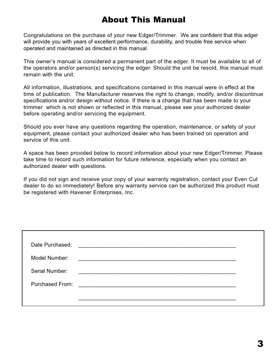 About this manual | Havener E-40 Edger User Manual | Page 3 / 23