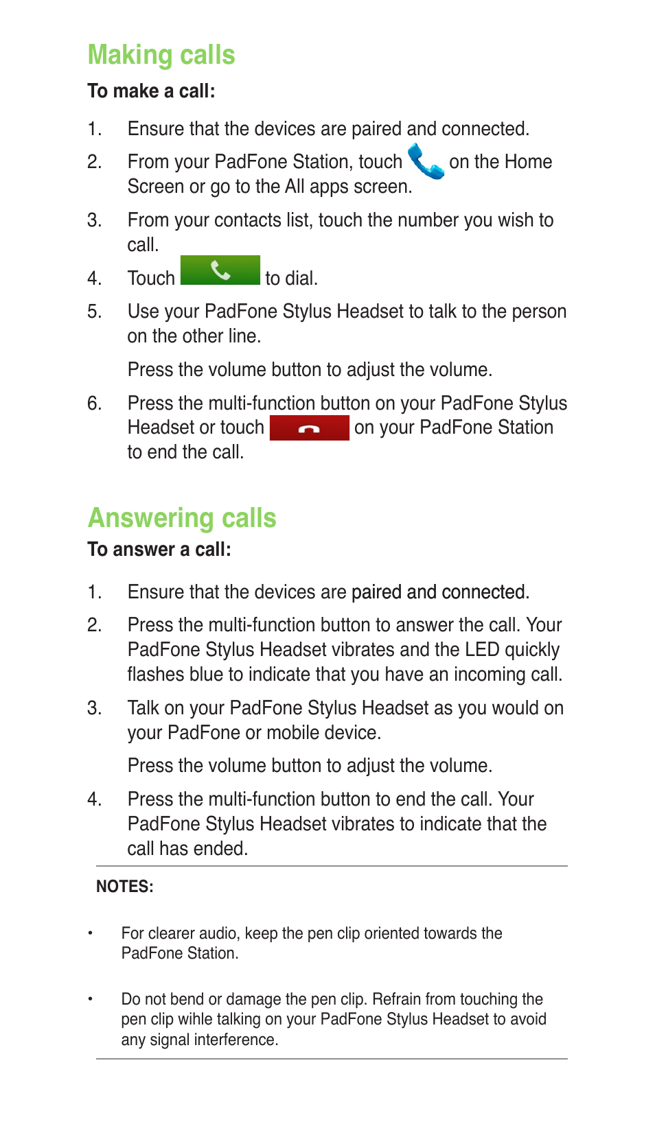 Making calls, Answering calls | Asus PadFone User Manual | Page 8 / 8